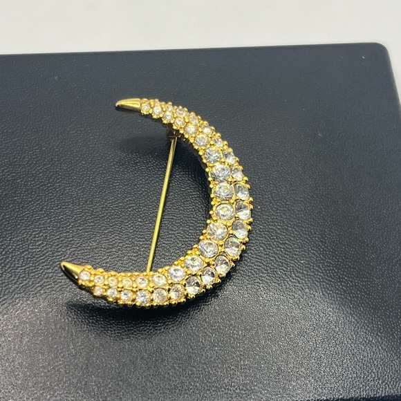 Swarovski gold tone clear rhinestone crescent moon brooch pin